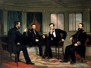 Painting of four men conferring in a ship's cabin, entitled "The Peacemakers".