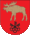A coat of arms depicting a golden moose with large antlers and a protruding red tongue hovering over three black keys