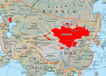 Topographic map showing Asia as centered on modern-day Mongolia and Kazakhstan. A red lines shows the extent of the Mongol Empire. Some places are marked in red. This includes all of Mongolia, most of Inner Mongolia and Kalmykia, three enclaves in Xinjiang, multiple tiny enclaves round Lake Baikal, part of Manchuria, Gansu, Qinghai, and one place that is west of Nanjing and in the south-south-west of Zhengzhou