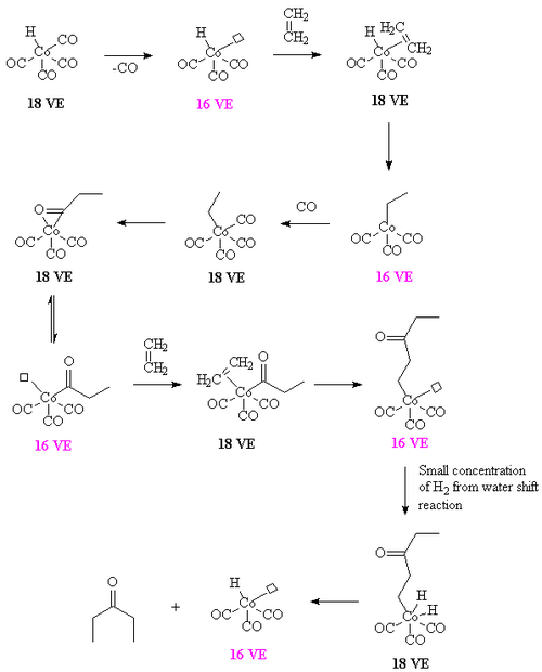 Conversion of ethylene to diethyl ketone using a cobalt carbonyl, while the reaction used a cobalt carbonyl diphosphine complex for clarity the reaction has been drawn out, assuming that a cobalt carbonyl is responsible for the reaction