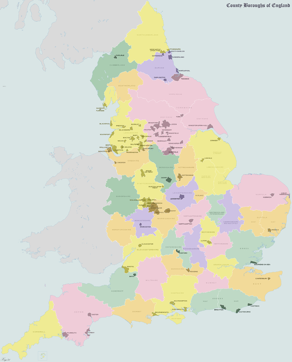 Map of County Boroughs Prior to Abolition in 1974
