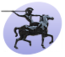 A blue oval with a grey image of a man riding a horse that is rearing up